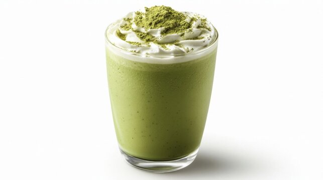 Iced matcha drink topped with cream.