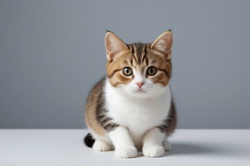 there is a cat sitting on a table looking at the camera