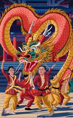 Lunar new year Fiery dragon puppet performance enthralls large crowd.