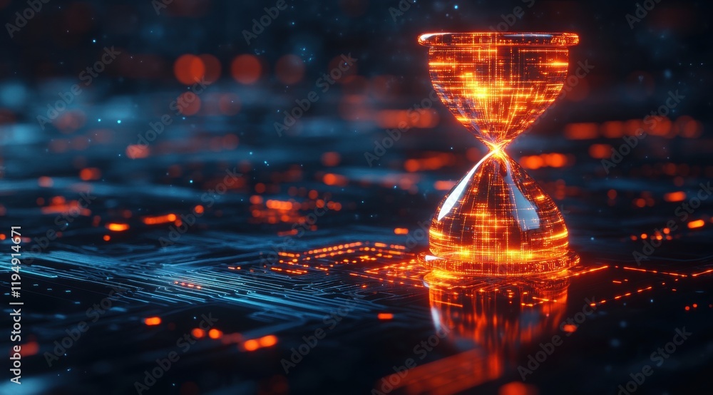 Poster digital hourglass with glowing circuit patterns, symbolizing the flow of time in virtual space