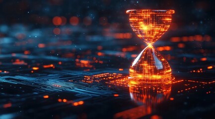 Digital hourglass with glowing circuit patterns, symbolizing the flow of time in virtual space
