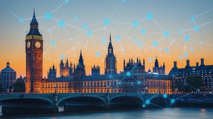 London Parliament Building with Digital Network Overlay Technology and Innovation in UK Government