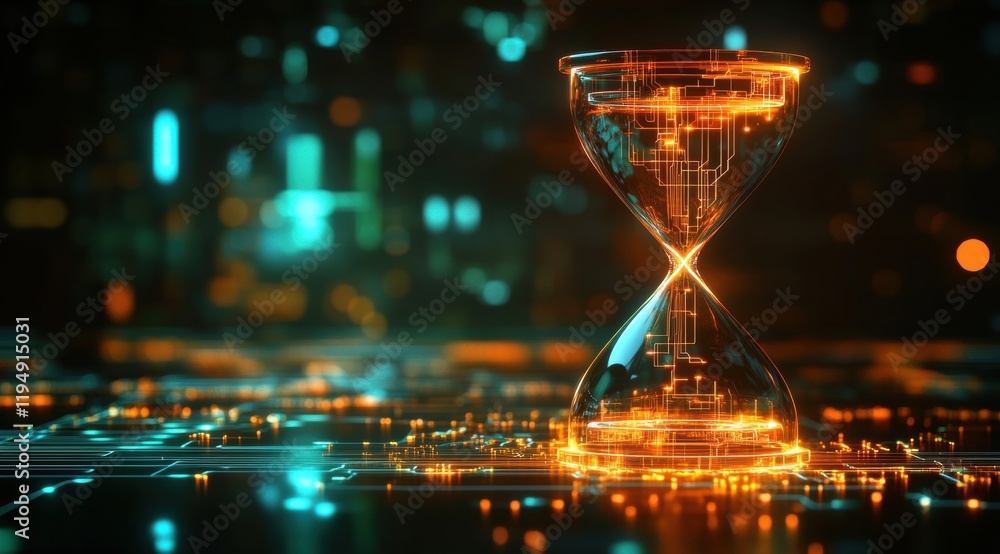 Poster digital hourglass with glowing circuit patterns, symbolizing the flow of time in virtual space