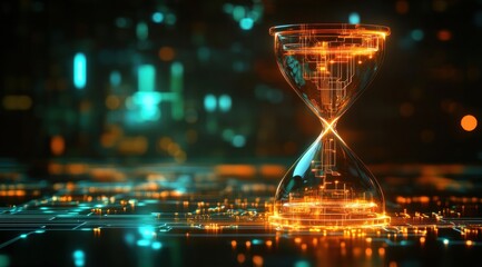 Digital hourglass with glowing circuit patterns, symbolizing the flow of time in virtual space