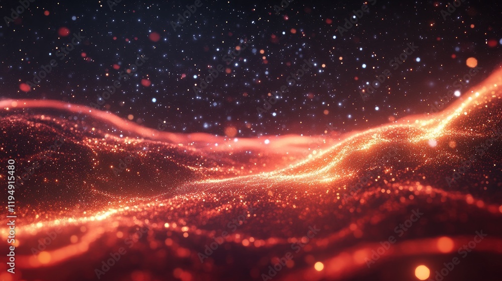 Poster a polished red background with dynamic swirling light patterns and soft gradients.