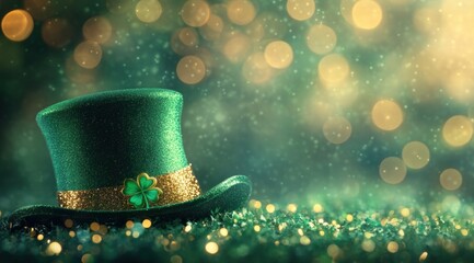 St. Patrick's Day background with a green hat and golden glitter bokeh lights.