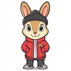 Stylish Rabbit Wearing Red Jacket and Black Beanie