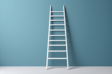 a close up of a ladder leaning against a blue wall