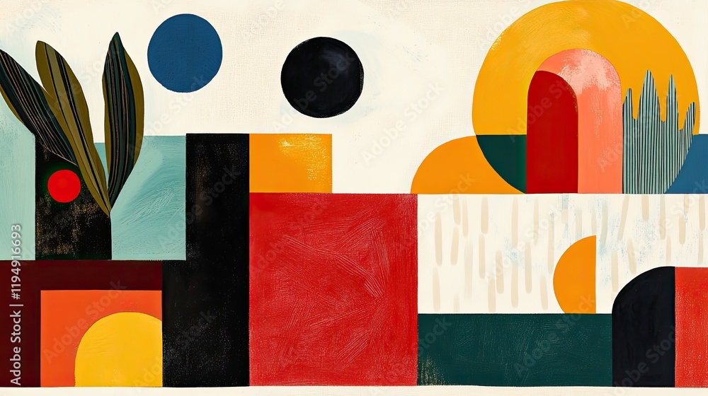Poster a red abstract design with layered geometric shapes and lines, offering a modern and creative space 