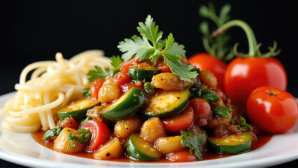 Colorful vegetable pasta dish with fresh tomatoes and herbs on a plate