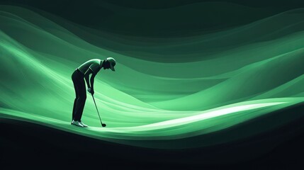 Golfer putting on abstract green course.
