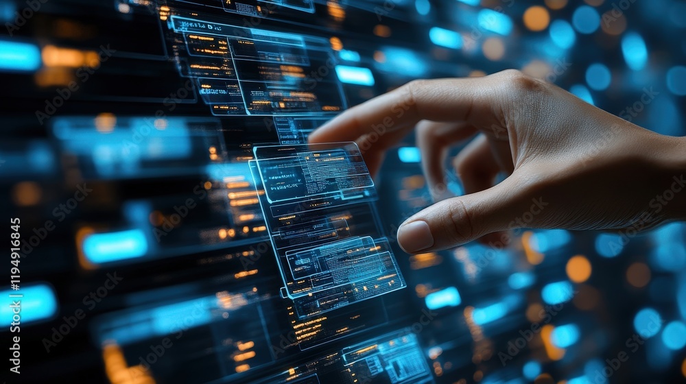 Poster data transfer hand touching digital documents in futuristic interface representing technology and co