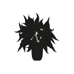 Black linocut silhouette of potted houseplant peace lily. Tropical plant monochrome hand drawn design