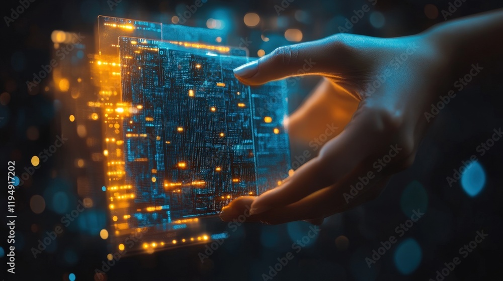 Poster futuristic hand holding data transfer interface with bright digital elements and matrix design again
