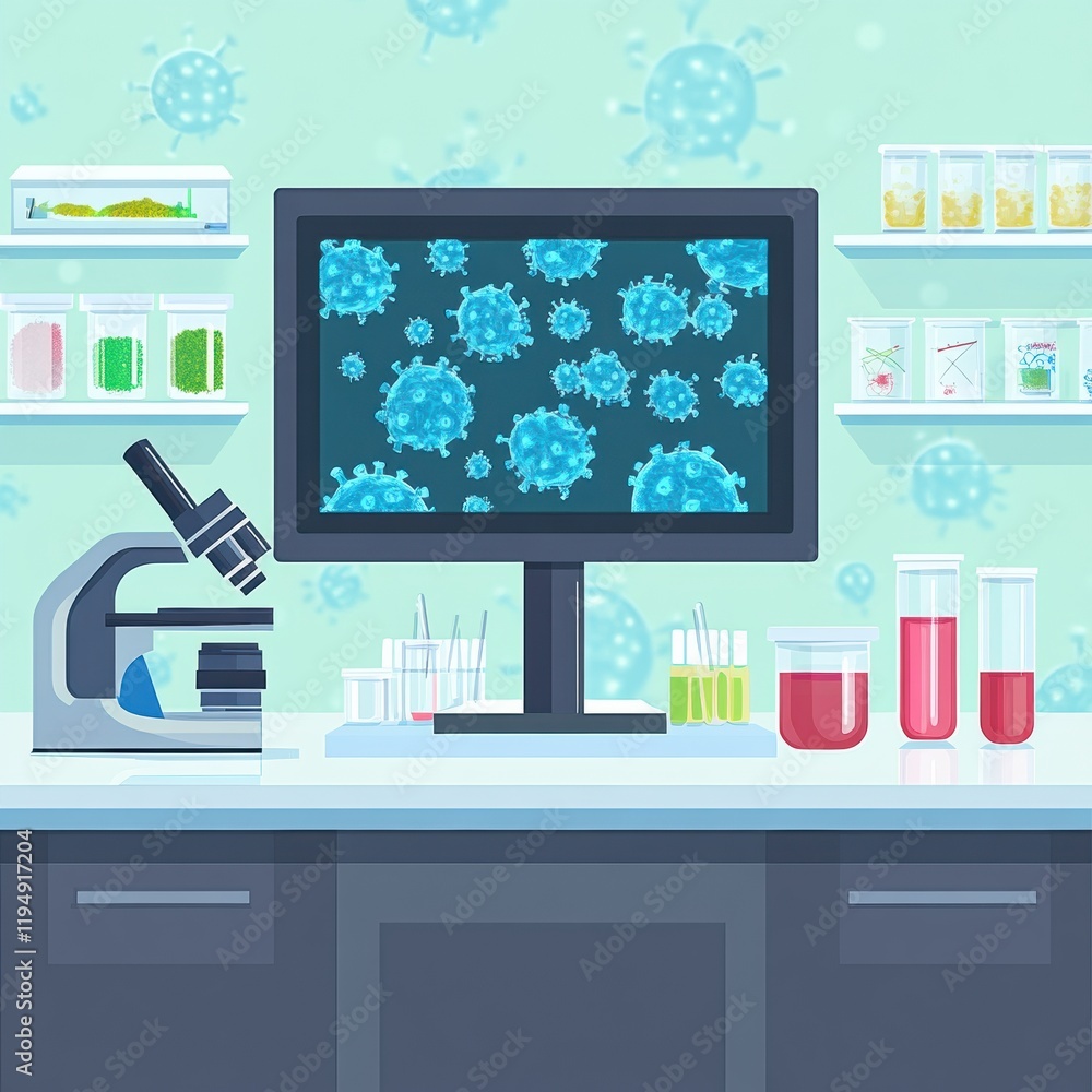 Poster laboratory showcasing microscopes, test tubes, and bacteria visuals on a monitor in an active resear