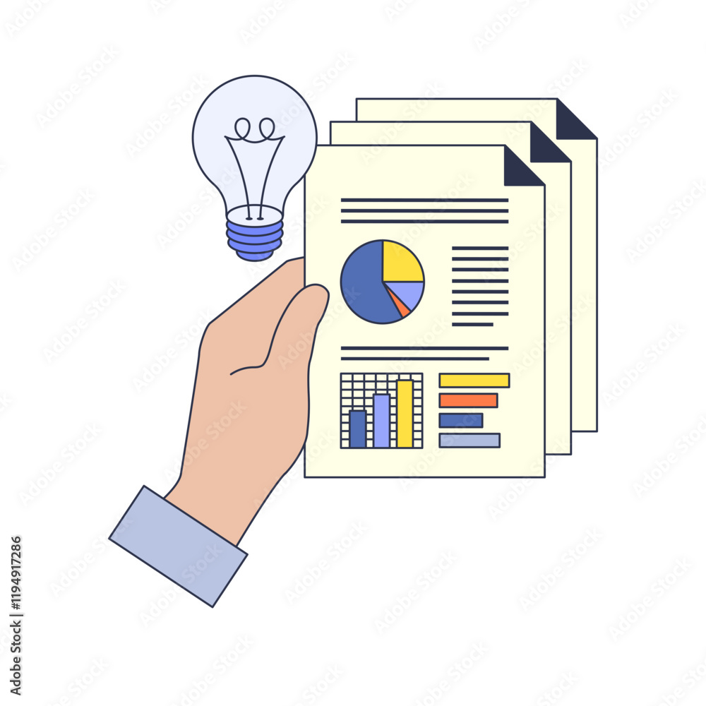 Poster hand holding papers with charts and a lightbulb symbolizing ideas and analysis.
