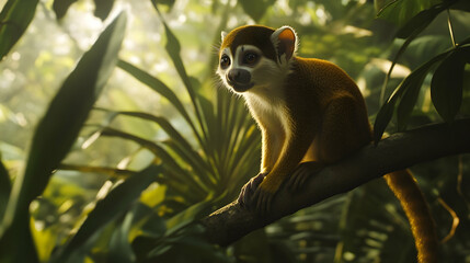 Obraz premium Realistic Illustration - Squirrel Monkey in Lush Jungle Sunlight