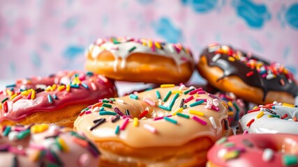 Fototapeta premium Colorful Sprinkled Glazed Donuts - Delicious Dessert Photography
