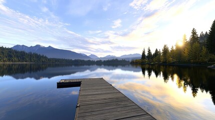 Serene lakeside view with a wooden dock and mountain backdrop.