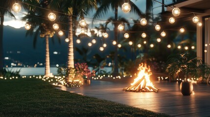 A lively backyard graduation party under string lights, with vibrant decorations and a glowing bonfire