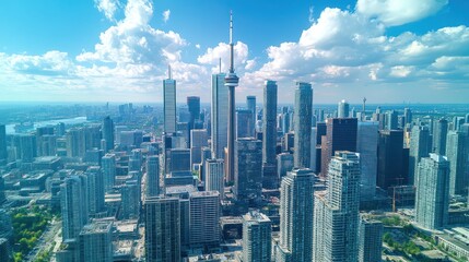 Obraz premium Toronto skyline aerial view, sunny day, cityscape background, tourism
