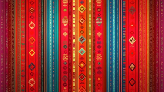 A red textile design inspired by the traditional textiles of Peru, featuring colorful stripes and geometric patterns, offering a vibrant cultural backdrop.