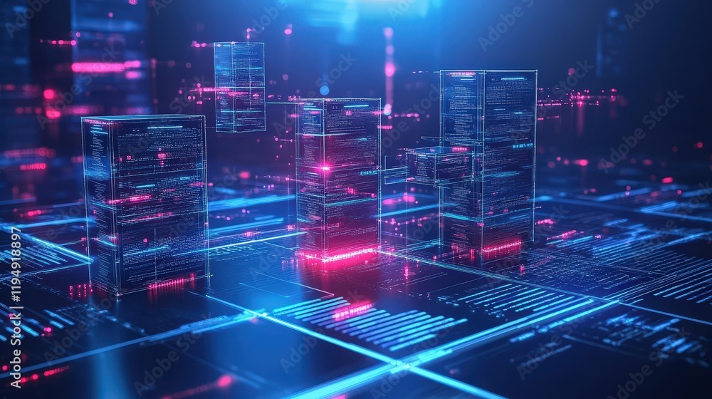 Poster futuristic data management system concept with digital architecture and neon lights representing doc