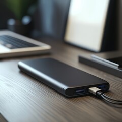 Power Bank Charging Event with Cable Office Desk Product Modern Workspace Close-Up Technology Concept