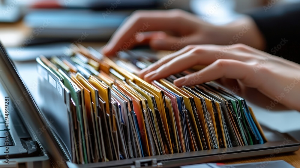 Poster organizing paperwork in a document management system with colorful folders and a computer in an offi