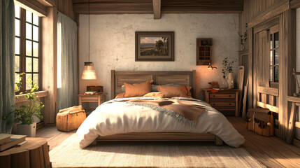 A cozy bedroom with wheat-toned bedding and natural wooden furniture.
