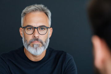 Obraz premium A man with a beard and glasses is looking at the camera