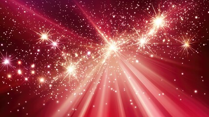 Fototapeta premium A rich red sparkle background with radiant golden glimmers and shimmering light particles.