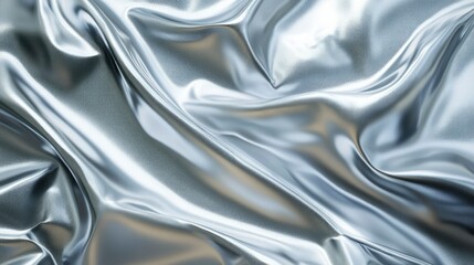Elegant silk fabric with smooth texture and shiny silver backdrop, featuring soft ripples and luxurious satin patterns for a refined, decorative design