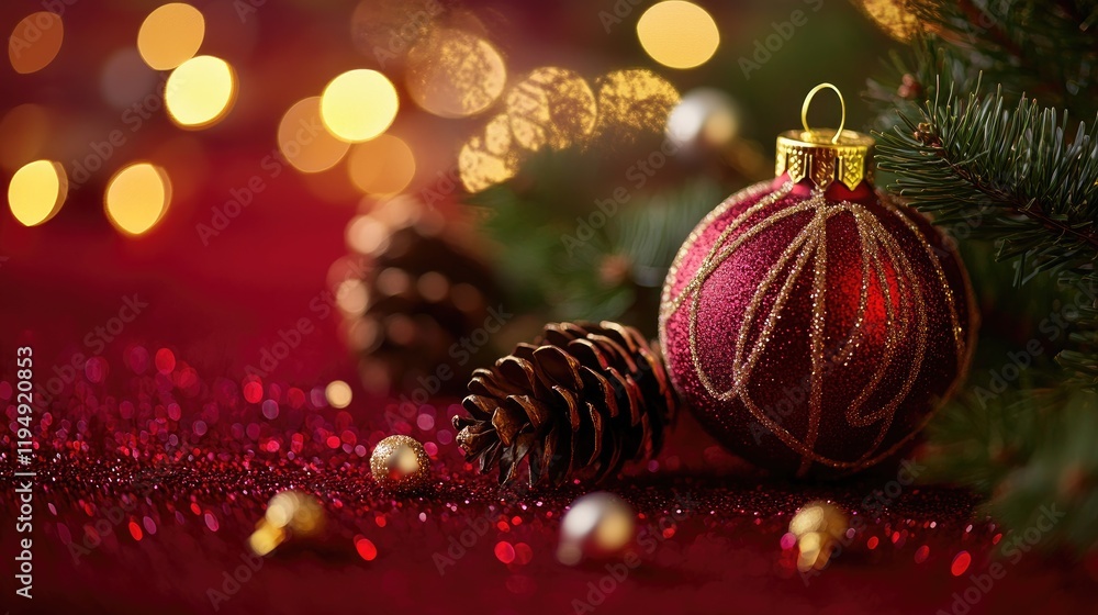 Poster a sleek red backdrop with soft bokeh lights and shimmering golden holiday elements.