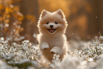 Obraz premium Fluffy Dog runs among flowers, little puppy has fun in forest with snowdrops on happy family work. Early spring concept.