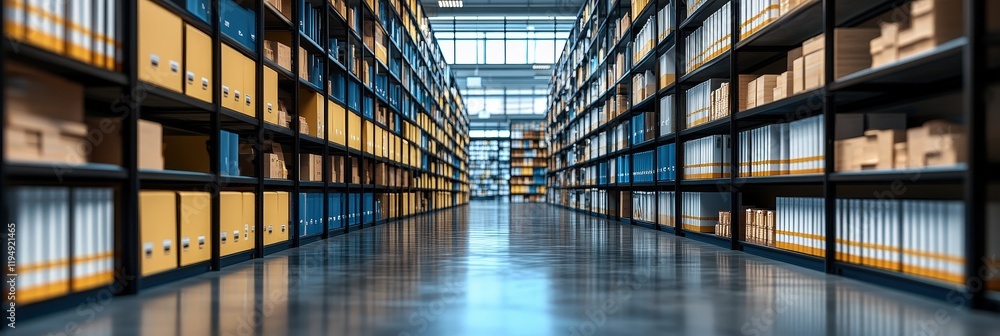 Poster organized archive room with rows of labeled file boxes and folders creating an efficient and systema