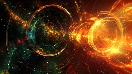 Obraz premium Abstract Fiery Orange and Green Circular Fractal Art Digital Design Background Illustration for Technology Space Universe Energy Theme Futuristic 