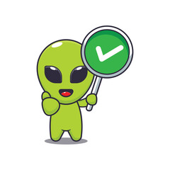 alien with correct sign. mascot cartoon character vector illustration.