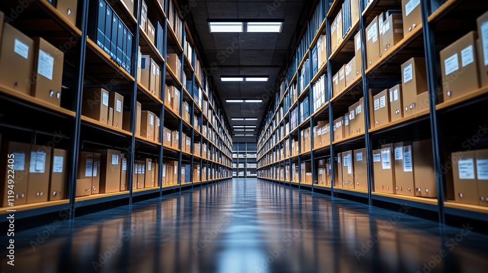 Poster organized archive room with neatly arranged rows of storage boxes and files under soft lighting