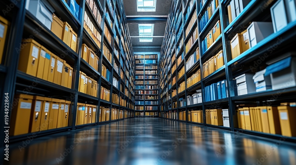 Poster organized archive room with neatly arranged rows of colorful storage boxes and files in a modern and