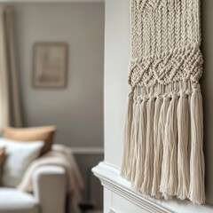 Elegant Woven Wall Hanging with Soft Tassels Modern Home Decor Cozy Living Room Textiles Artistic Design