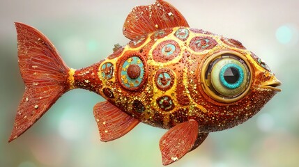 A colorful, stylized fish with intricate patterns and vibrant colors.