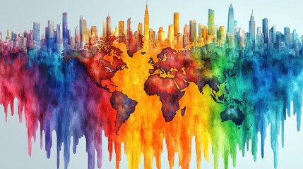 Fototapeta premium Colorful Watercolor Image Featuring World Map Overlaying Vibrant City Skyline in Bright Shades of Red, Orange, Yellow, Green, Blue, and Purple, Captivating Design