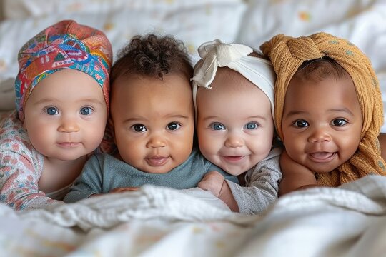 Four adorable babies with unique head wraps share joyful moments during playtime in a cozy bedroom