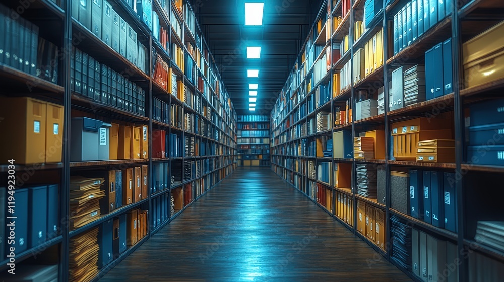 Poster organized archive room with rows of bookshelves filled with colorful binders, files, and documents f