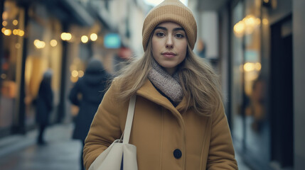 Obraz premium Elegant woman in winter coat on city street. Great for urban fashion and seasonal style