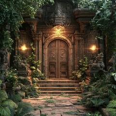 Fototapeta premium [Mystical ancient doorway jungle scene] Ancient Jungle Archway with Ornate Carvings and Stone Pillars