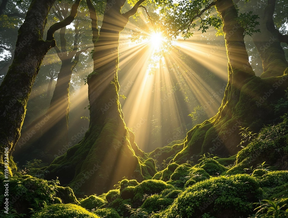 Poster serene forest scene with sunlight filtering through the trees, casting a warm glow on the moss-covered ground and creating a peaceful and calming atmosphere.