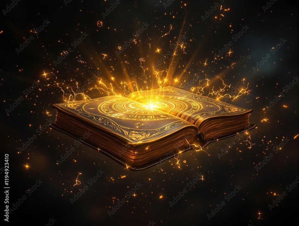 Poster open book with a glowing, golden halo emanating from it, casting a bright light that illuminates the