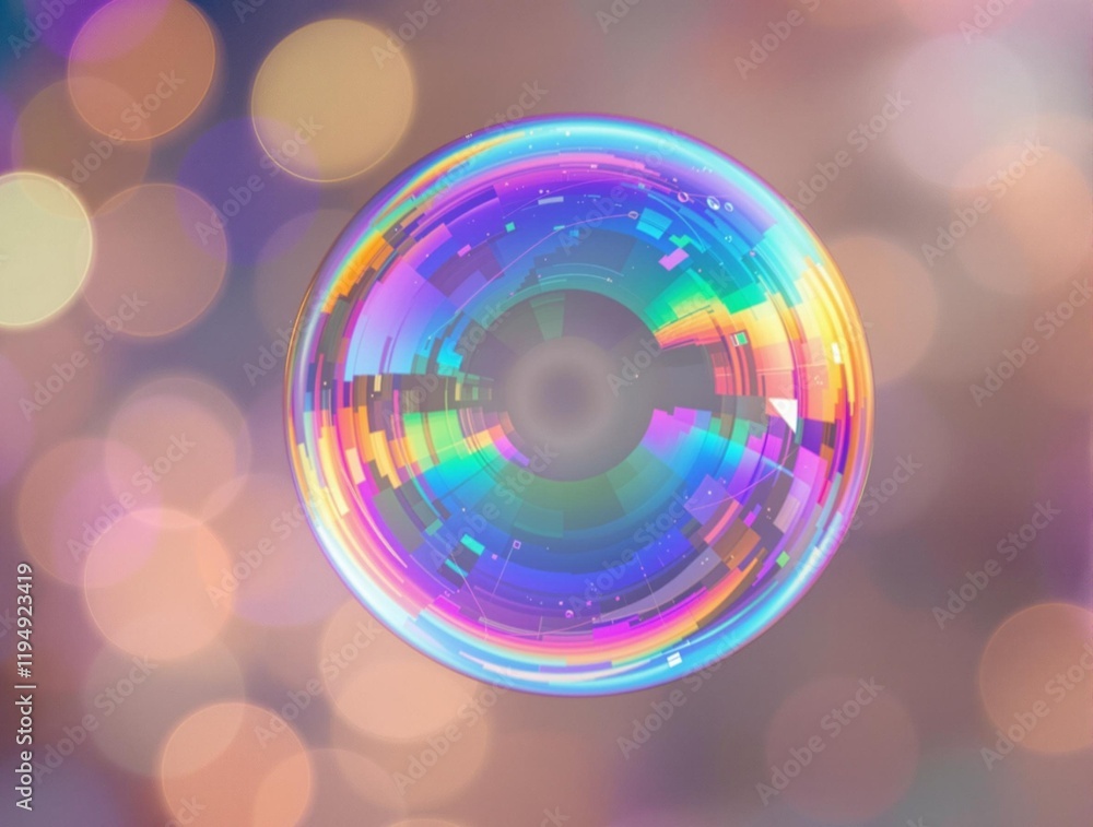 Poster colorful, iridescent soap bubble against a blurred background with bokeh lights.